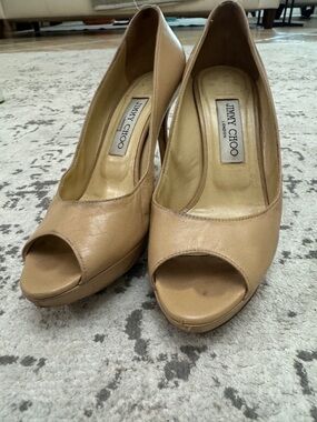 Jimmy Choo Beige Peep-Toe Leather Pumps